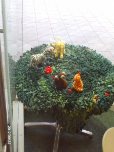 Amigurumi figures and my rag rug and sculpture work Fairy-ring 1 (2010)