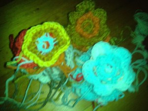 Crocheted flowers, that night's work.