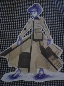 Completed biro collage dress pattern paper sketch