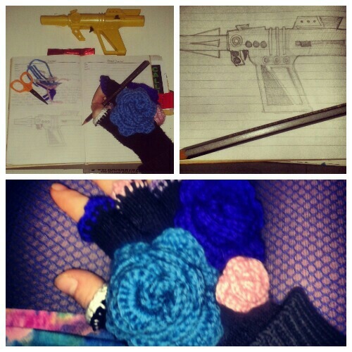 drawings and floral crochet gloves