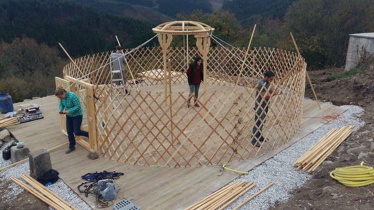 Lattice and first yurt door with chalk outline