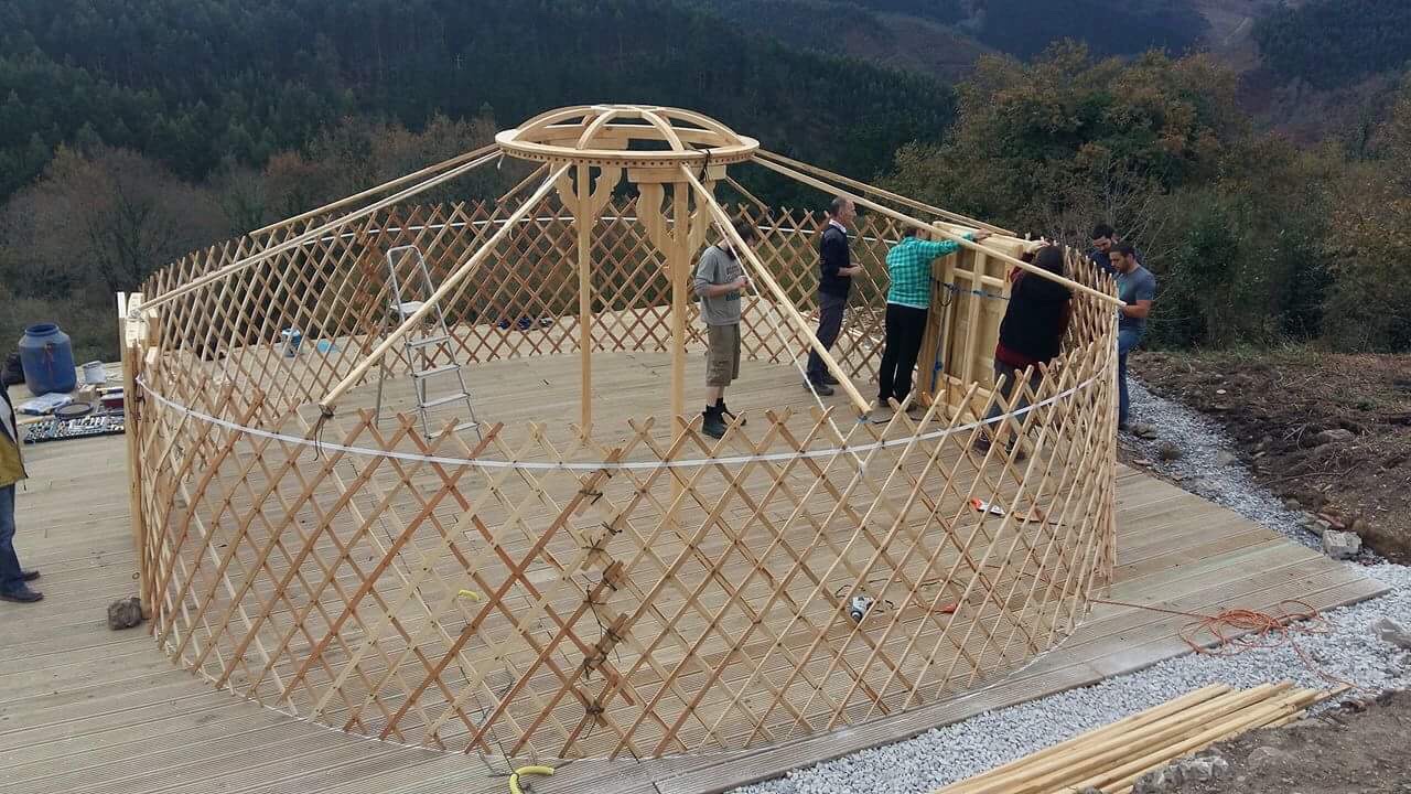 Yurt frame strapped together attaching second door